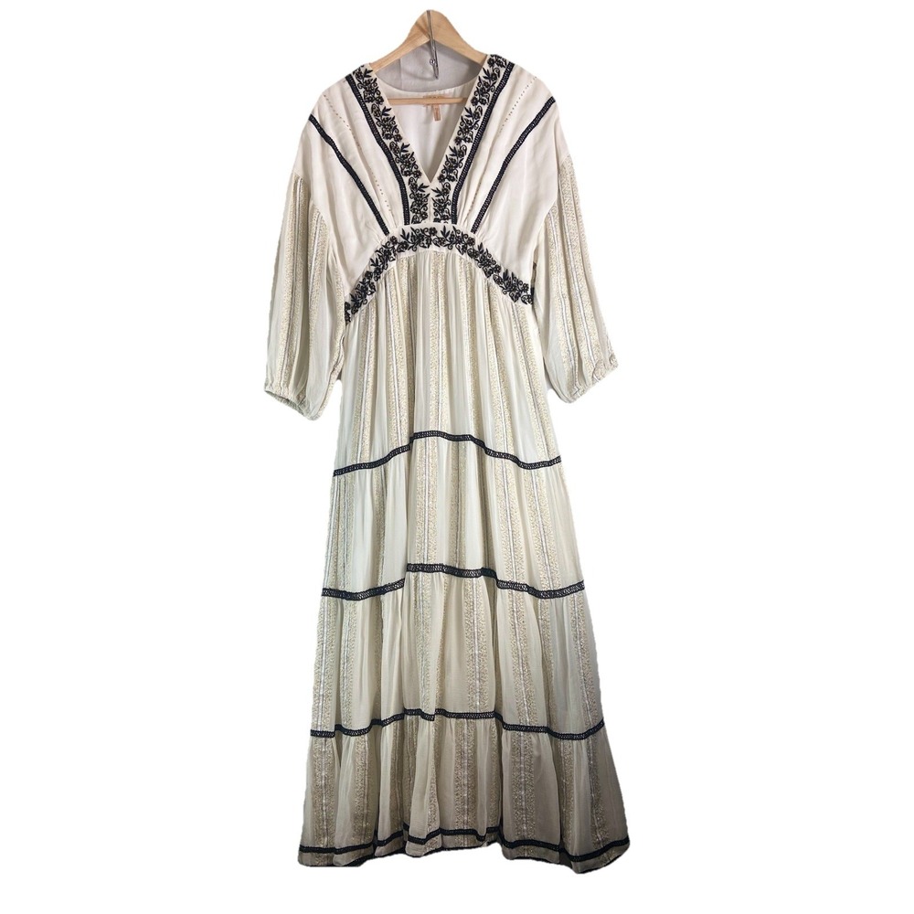 Anthropologie Verb Maxi Dress Women Size M Embroidered Boho Gold Black Beaded - Picture 4 of 13